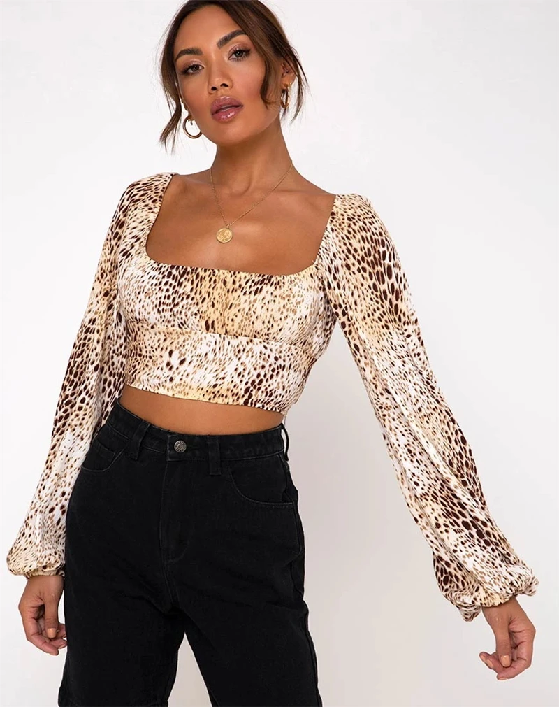 

2020 New polera camiseta mujer square collar sexy crop navel lantern long-sleeved Women's white T-shirt camisetas para mujer