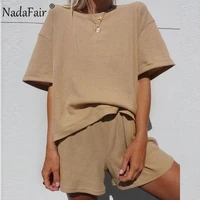 nadafair 2021 causal womens tracksuit summer loose lounge wear short sleeve t shirt and shorts two piece set outfits shorts sets