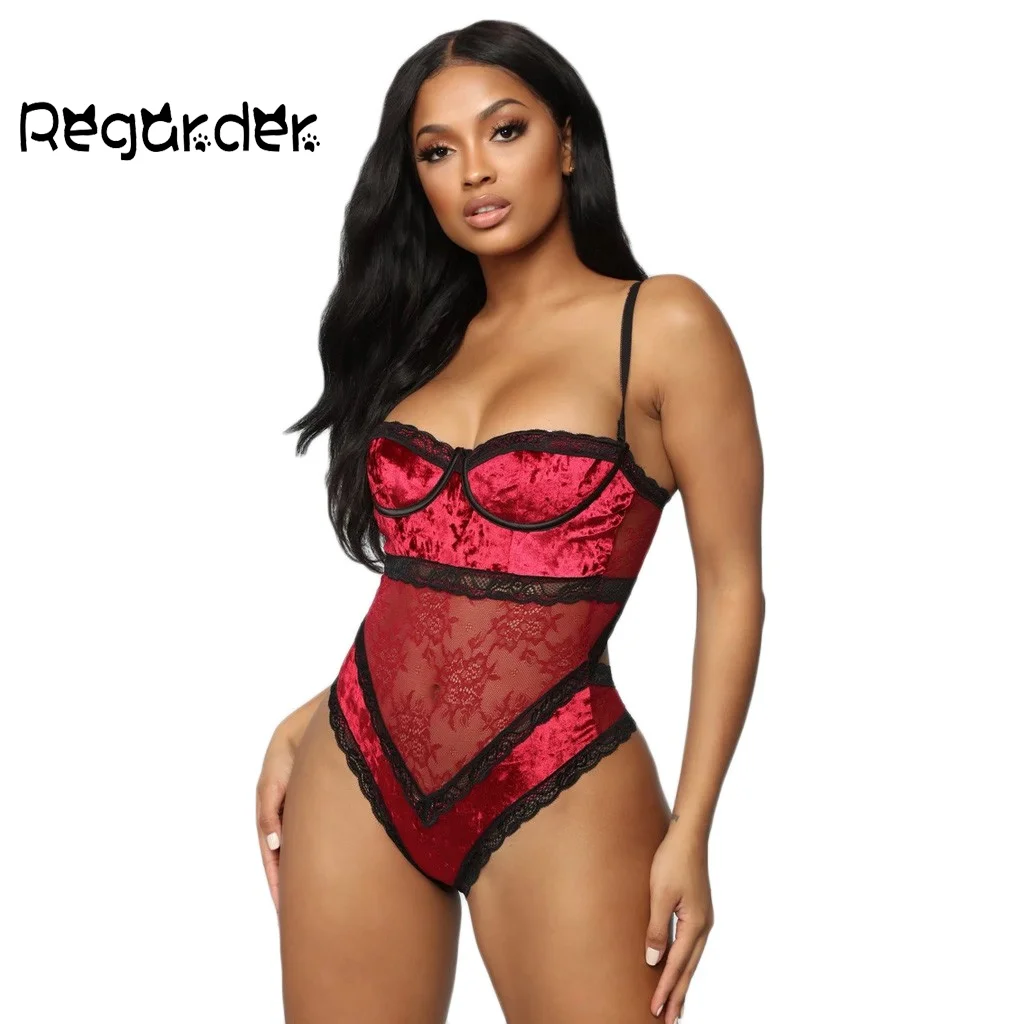 Модный цельный женский бархатный сетчатый кружевной комбинезон на косточках