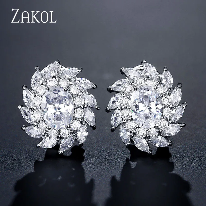 ZAKOL классические серьги гвоздики с овальным кубическим цирконием для женщин