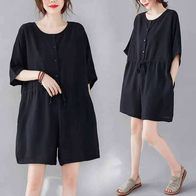 

Комбинезон женский с карманами, повседневный свободный костюм с коротким рукавом, брюки в Корейском стиле, черные штаны, на лето