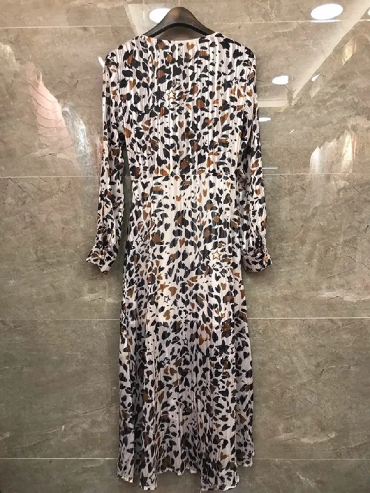 

New Arrival Dress 2020 Spring Summer Runway Women V-Neck Sexy Wild Leopard Prints Long Sleeve Asymmetrical Casual Club Dress
