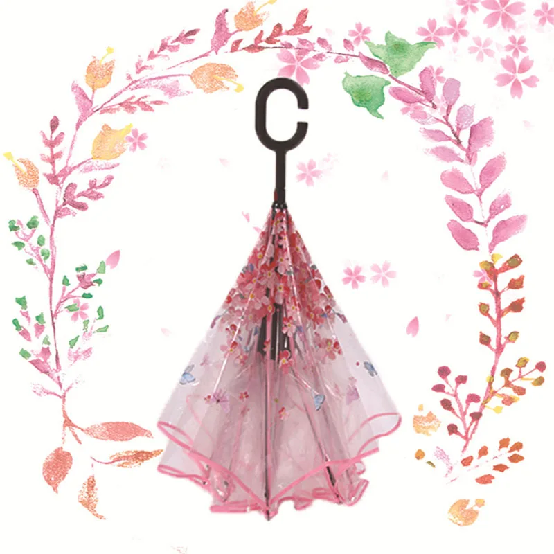 pink butterfly Обратный прозрачный зонтик двойной слой перевернутый ветрозащитный C Ручка ветрозащитный дождь автомобиль зонты для женщин дождевик - Цвет: pink butterfly