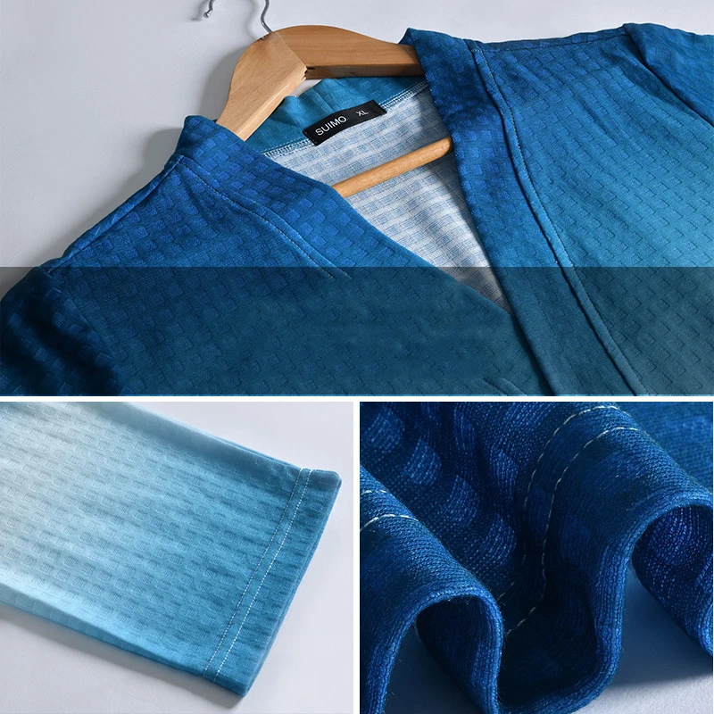 

2021 Women's Autumn Spring Long Nightgown Gradient Color Female Waffle Slim V Neck with Sashes Bathrobe Ladies