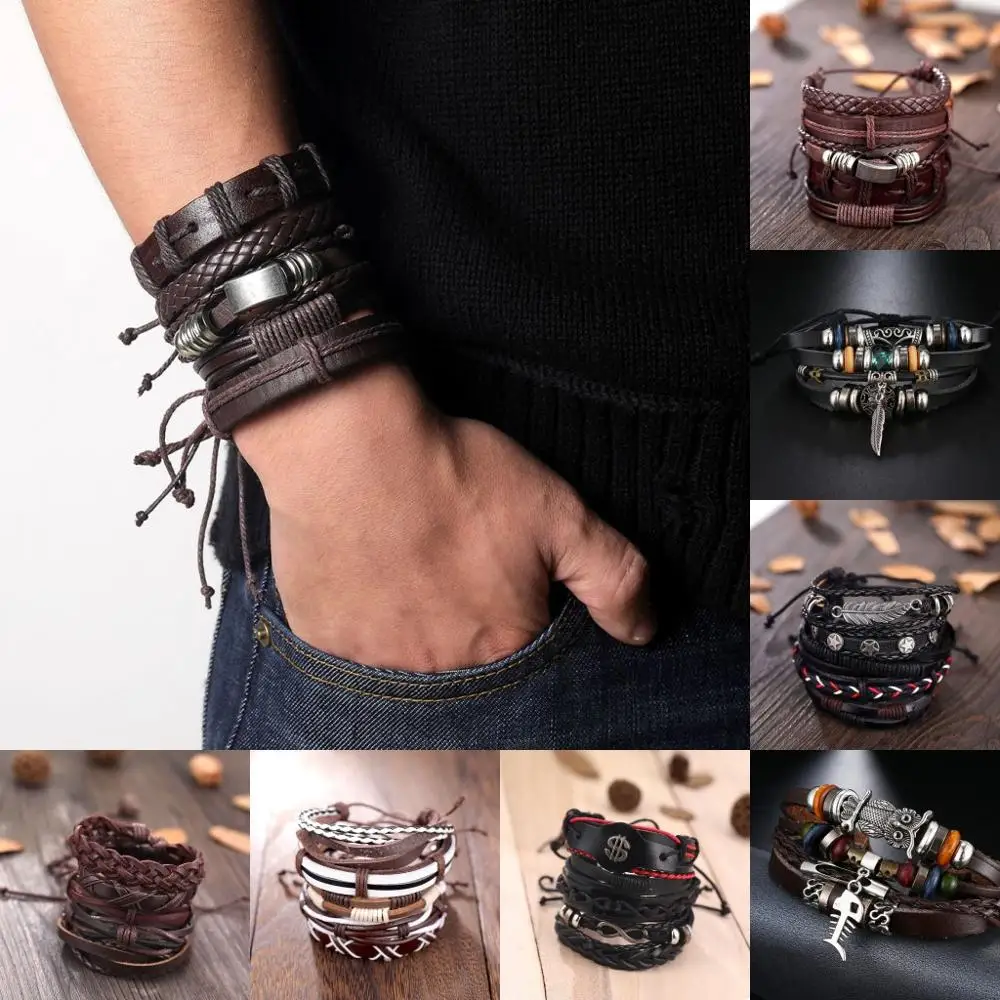 SOUQ винтажный Многослойный кожаный браслет с листьями и перьями мужской модный