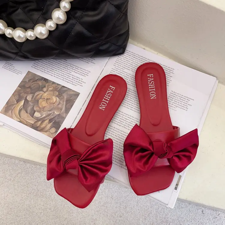 

Slippers Casual Med Low Shoes Woman 2021 Shallow Butterfly-Knot Square Toe Luxury Mary Janes Basic Slides Fabric Butterfly-knot