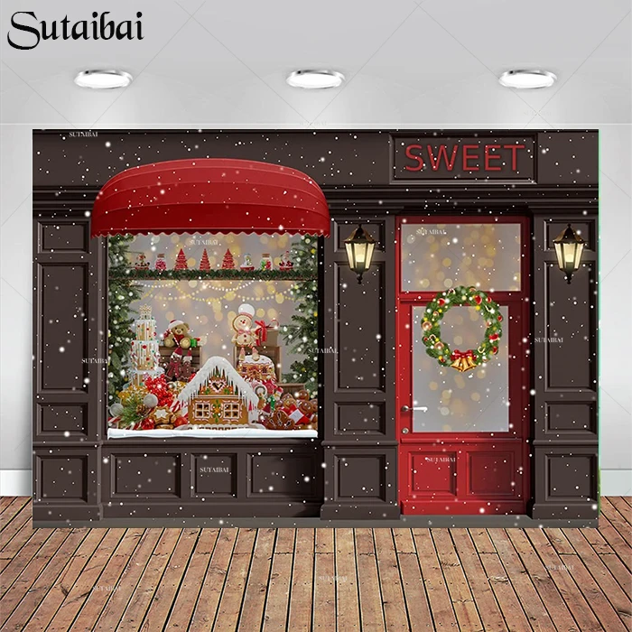 Рождественский магазин фон для фотосъемки зима Рождество имбирный домик витрина