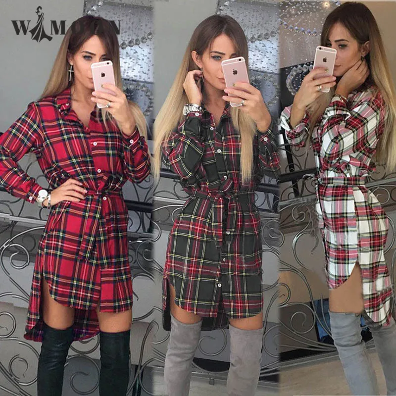

Plaid Casual Shirts Dress Women 2021 Autumn Office Lady Button LOOSE Turn-down Collar Casual Commute Dress
