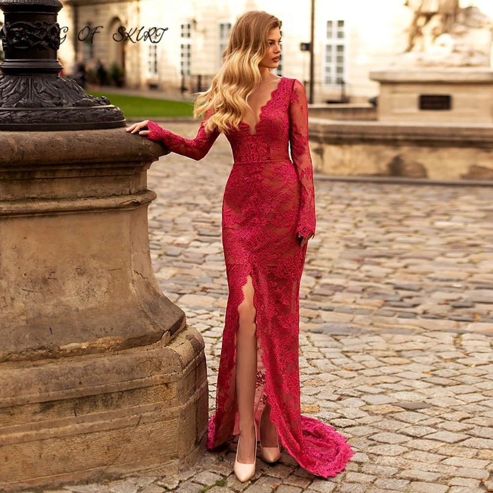 

Роскошные кружевные женские вечерние платья-русалки с разрезом и длинным рукавом, праздничное красное платье для выпускного вечера, женско...