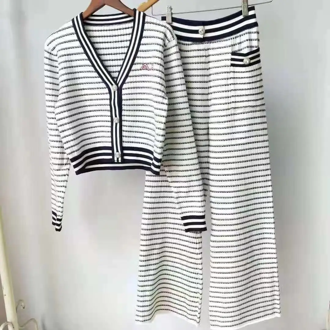 

ZALady Celebrity designer knitted two piece set suit outfits autumn v-neck long sleeve stripe Cardigan tops and casual pants set