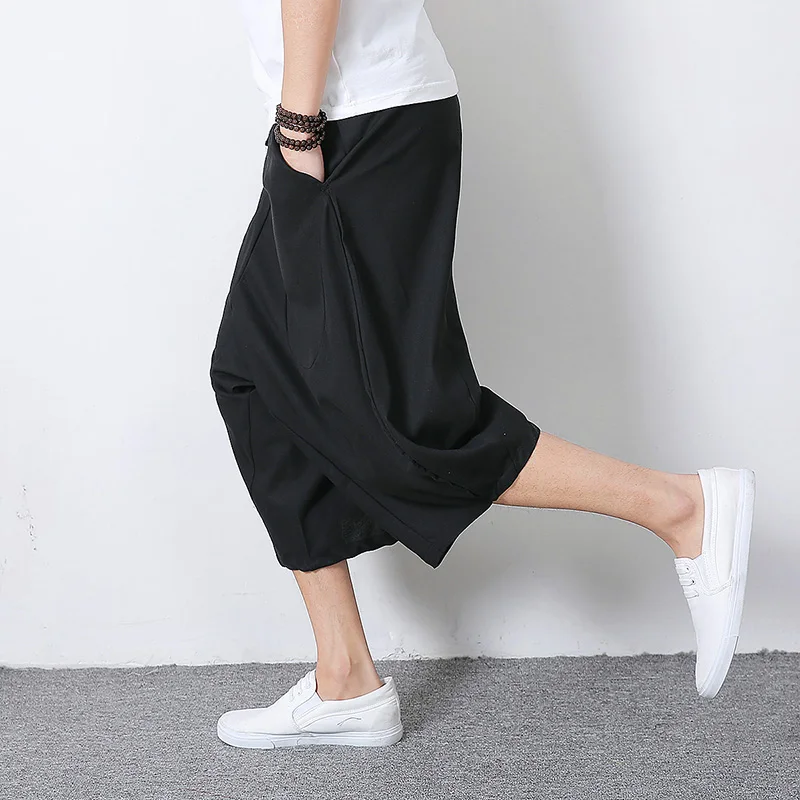 Летние укороченные льняные шорты свободные мужские повседневные черная красная