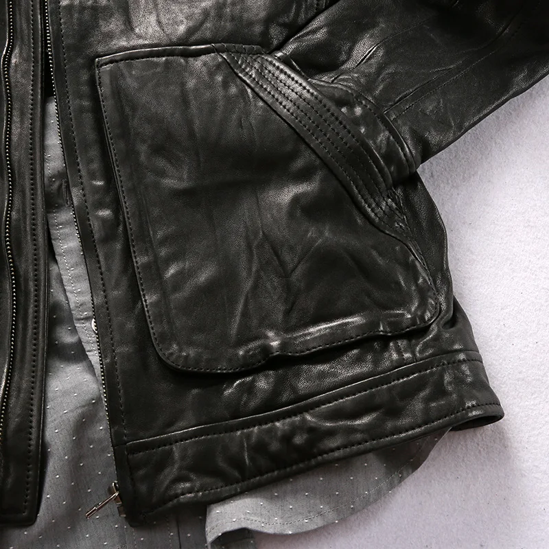 Мужская мотоциклетная куртка из козьей шкуры с карманами в стиле сафари черное