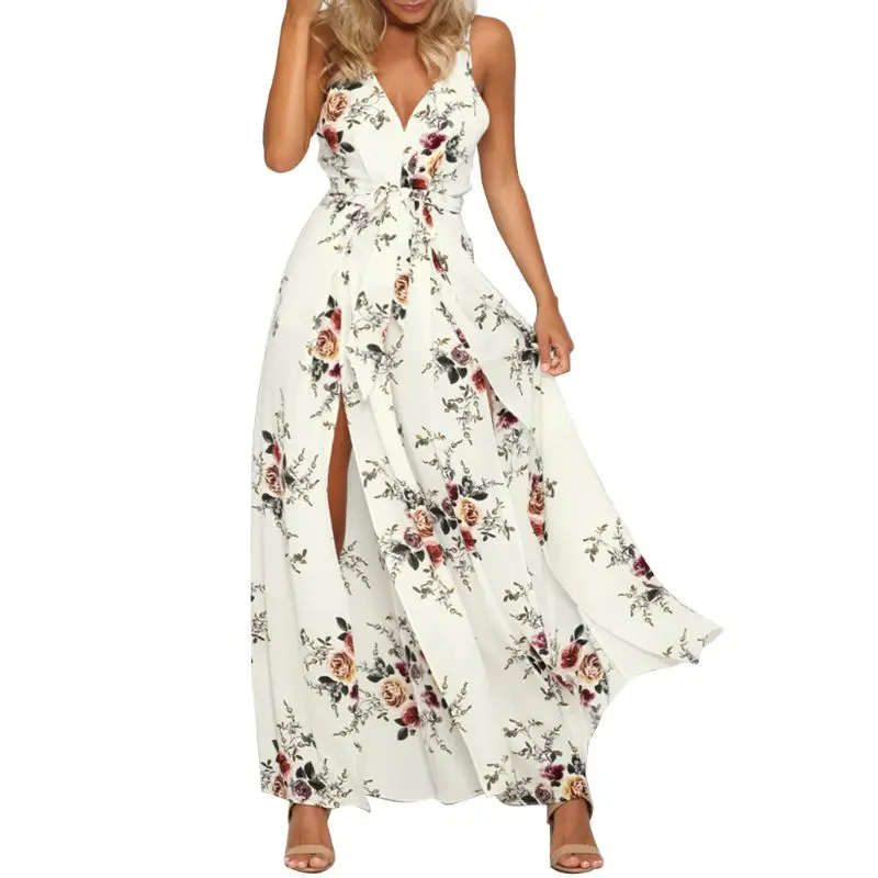 

Women Sexy High Split Wide Leg Loose Jumpsuit Sleeveless V-Neck Backless Boho Floral Printed High Waist Bow Tie Long Pant Romper