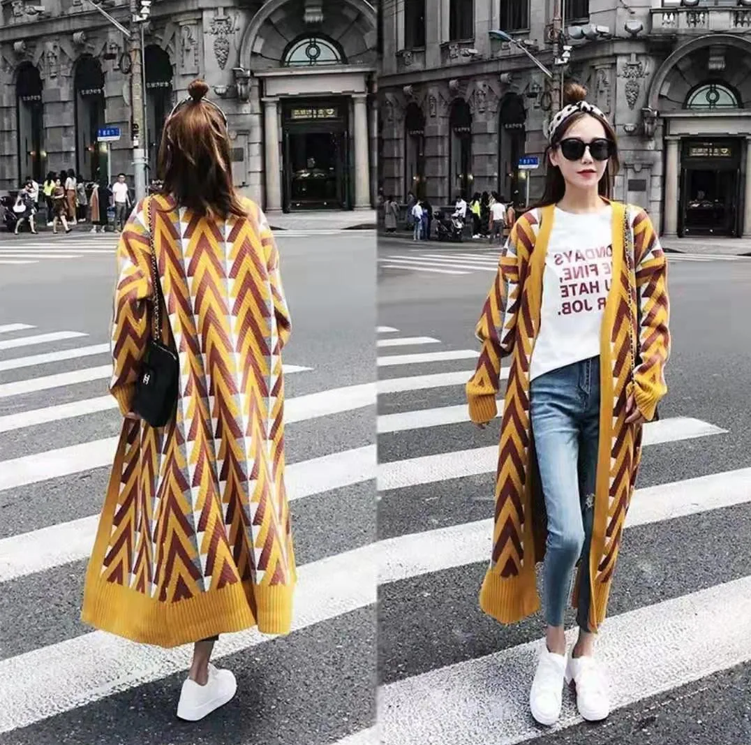 

Модный женский длинный свитер, кардиганы, сезон осень-зима 2021, длинный свитер, куртка, вязаные кардиганы с геометрическим рисунком, длинное ...