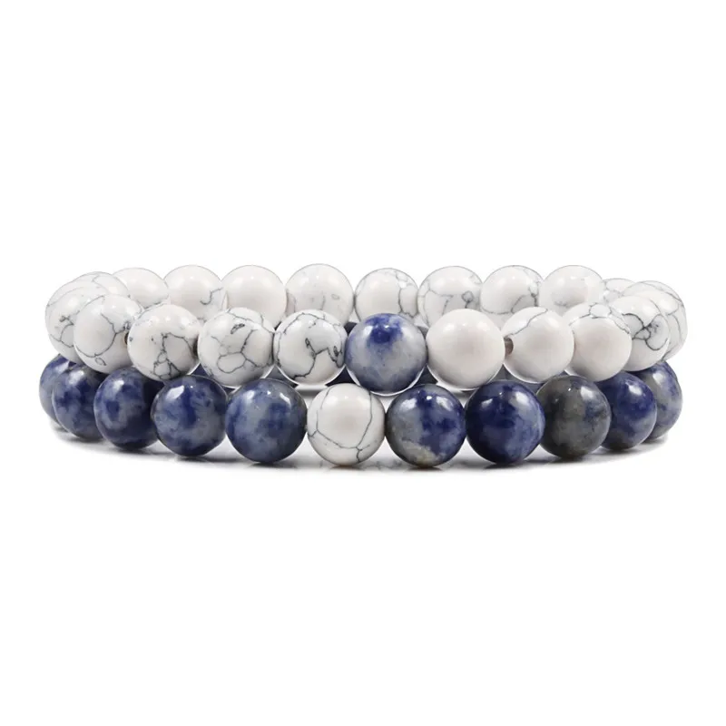 white blue 2 шт./компл. 8 мм натуральный Набор браслетов с бусами пара запястье Лава камень Эластичные Браслеты Женские Мужские Йога украшения-браслеты аксессуар «сделай сам» - Окраска металла: white blue