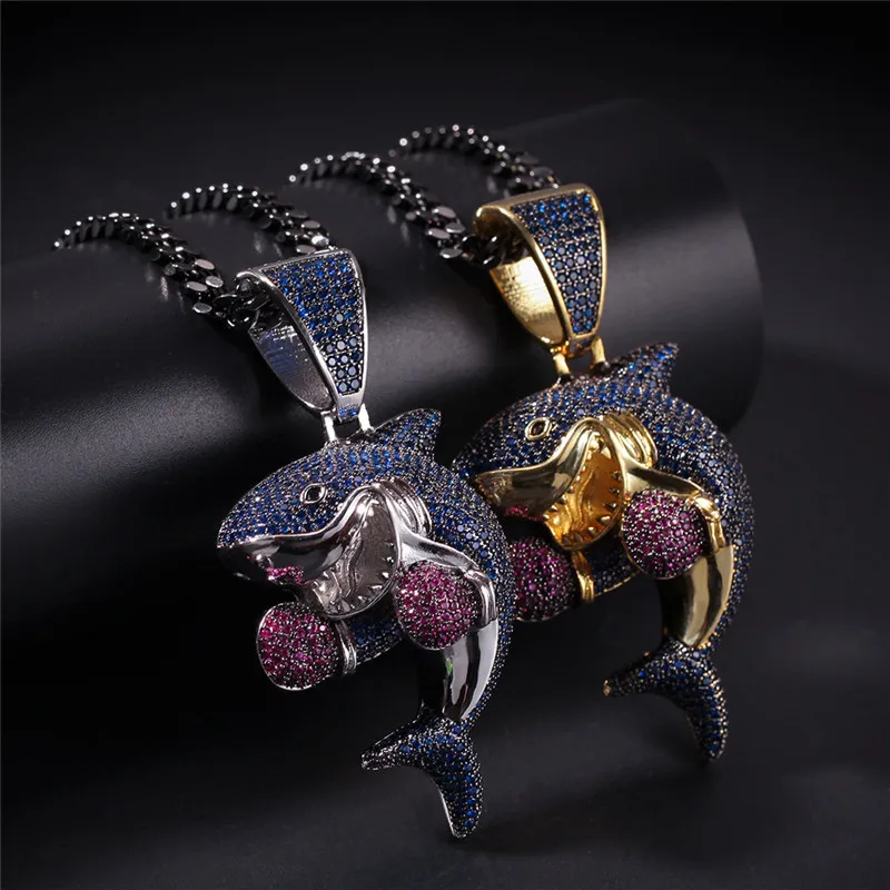 

Hip Hop Boxing Shark Pendant Necklace Men'S Full Cubic Zirconia Iced Out Pendant Hot Ins Hiphop Rock Jewelry Gift