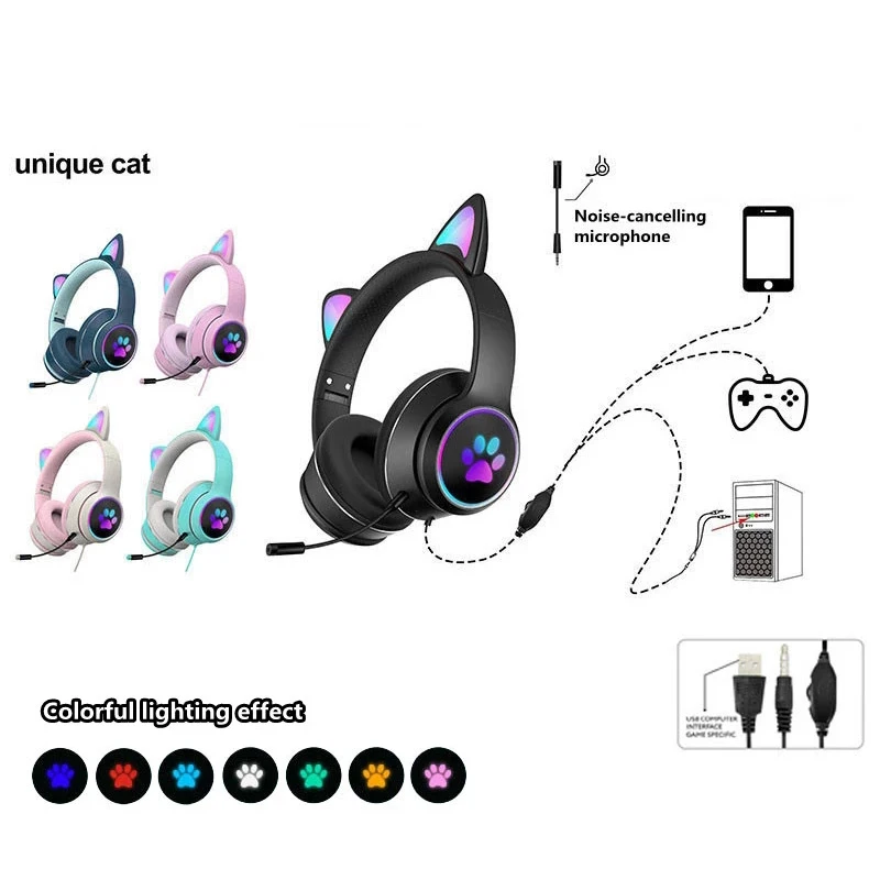 

Wired Headphones 7.1 Channel LED Lighting Over-head Headset With Noise Reduction Mic For Xiaomi AKZ-022 Cat Ear
