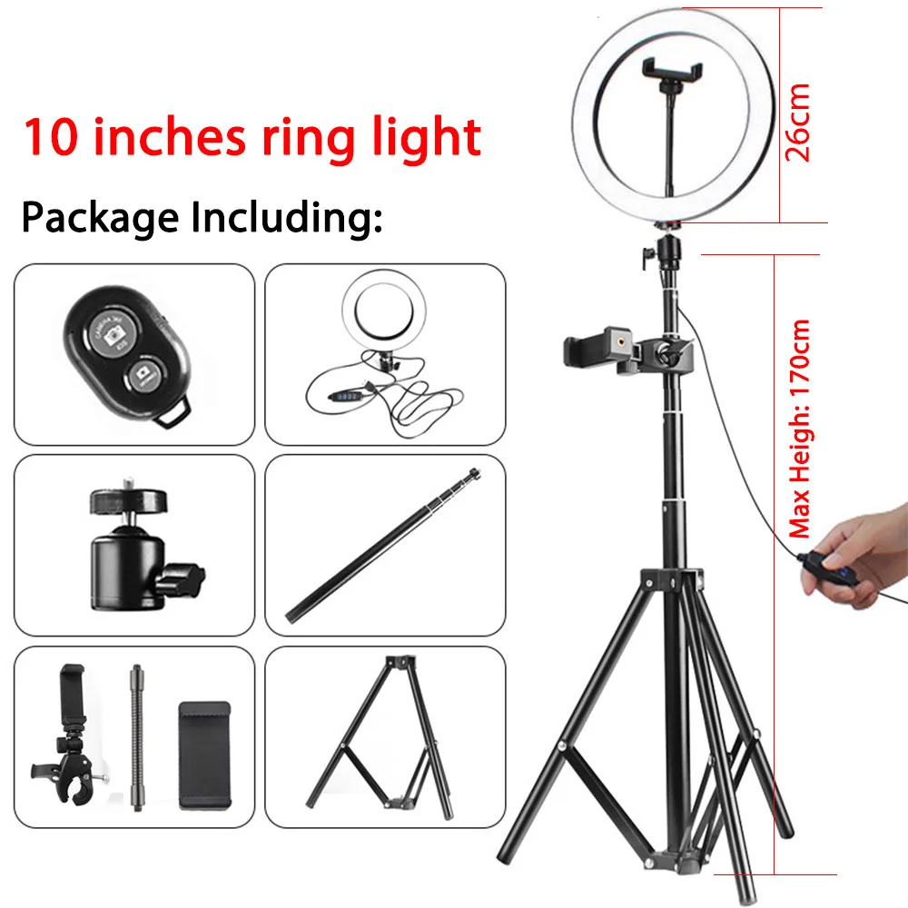 10 light 170 tripod Capsaver 6 дюймов 20 см 26 см светодиодный светильник для селфи кольцевые лампы с регулируемой яркостью для макияжа кольцевая лампа USB кольцо с фотографией светильник для видео Youtube Live - Цвет: 10 light 170 tripod