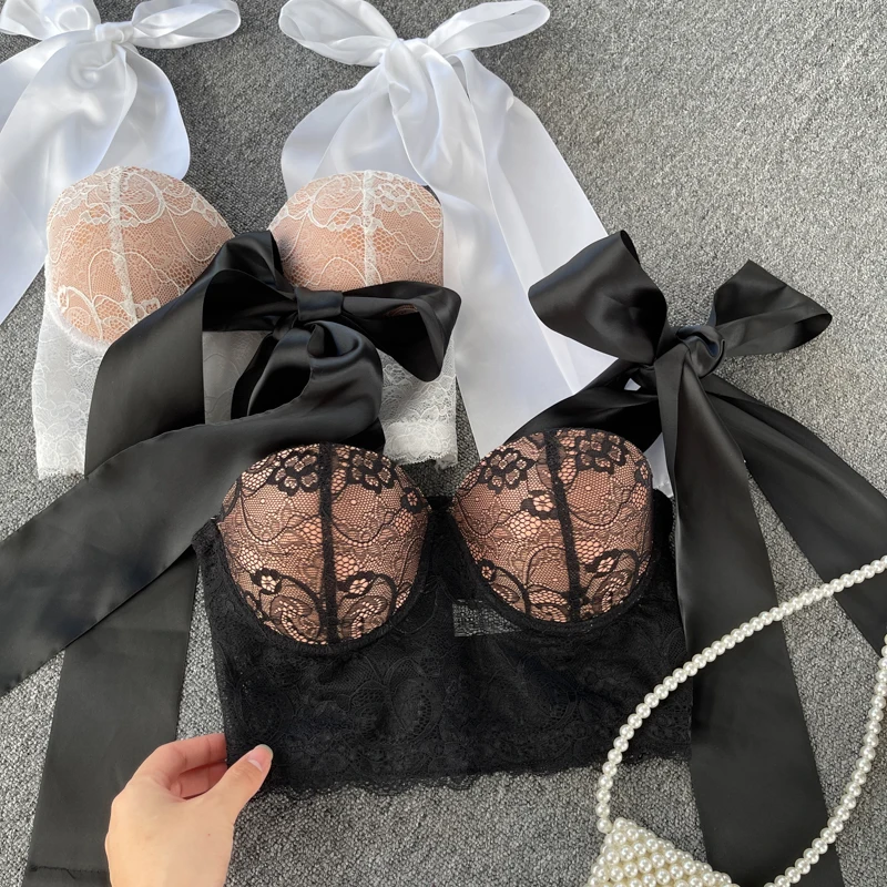 

2021 summer women's V-neck strap big bow lace girl camisole Tube top bra one piece belt pad wireless Corset female underwear