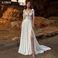 lorie modest chiffon wedding dress sleeveless v neck lace beach boho bridal gowns country side split robe de mariage