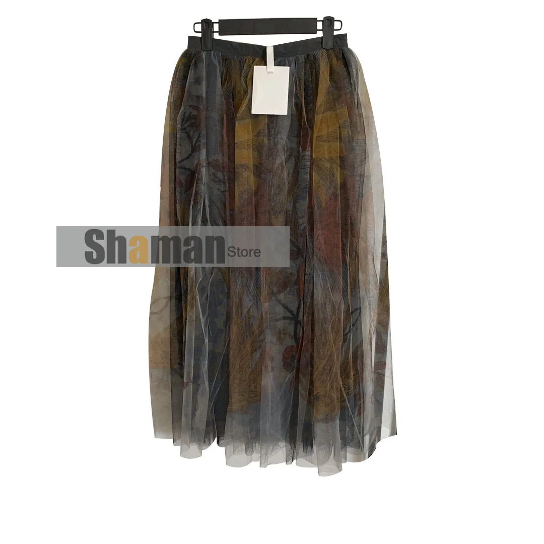 

Italian designer runway Spring women Temperament floral Printing High Waist Mesh Pleated Skirt Ladies Gauze midi Skirts S-XL