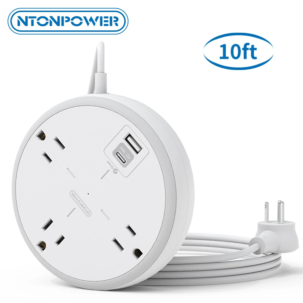 

NTONPOWER 3 Widely Spaced Outlet 2 USB Ports(1 USB-C 1 USB-A) Wall Mount Power Strip with 10FT Extension Cord For Home/Office