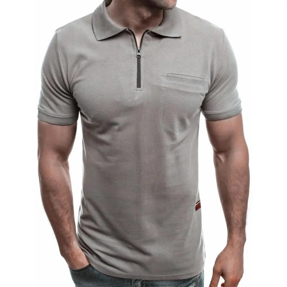 

Summer Shirt Solid Color Zipper Men Loose Short Sleeve Lapel T-shirt for Party