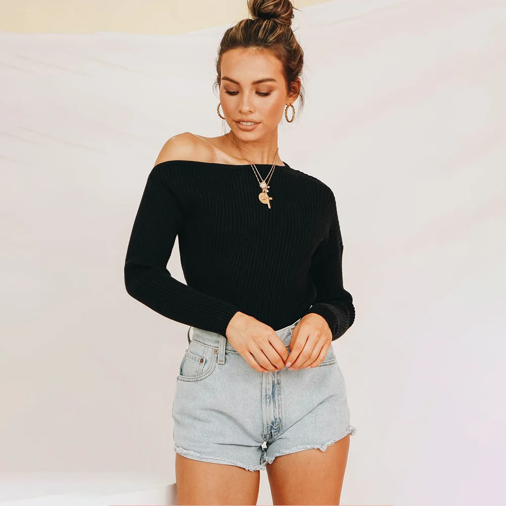 2019 Autumn And Winter Europe and America women collar sweater all-match long sleeved shirt slim one-shoulder female thread tigh | Женская