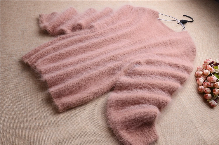 women o-neck long sleeve rabbit fur cony hair knitwear solid basic pullover autumn sweater loose mink cashmere blouses | Женская одежда