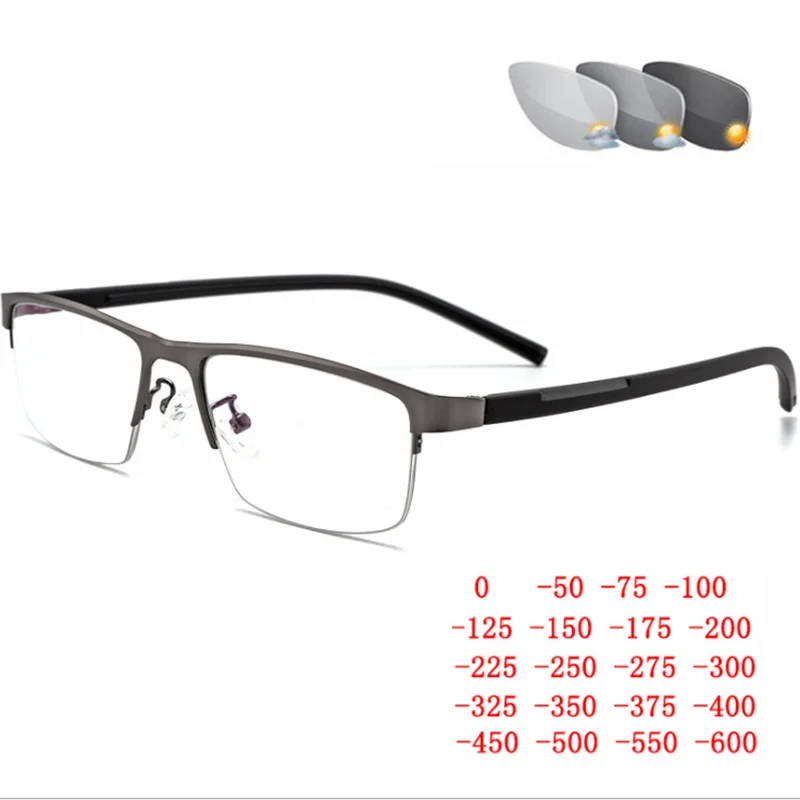 Photochromic Eye Glasses Men Women Half Frame Finished Myopia Glasses Students Short Sight Eyewear 0 -0.5 -1 -1.25 -1.5 -1.75 -6