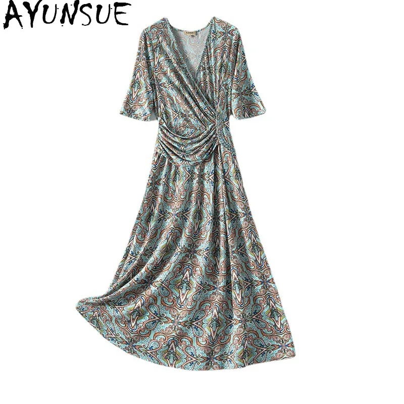 AYUNSUE Elegant Summer Dress Woman 2021 New Floral Printed Dresses Famale Slim Sexy V-neck Dress Women Vestidos Mujer Verano