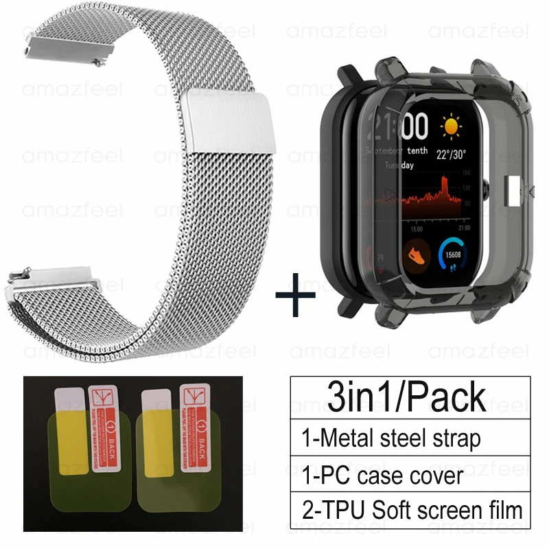 silver-black 3в1 Для Amazfit GTS ремешок+ ТПУ чехол для Huami Amazfit gts Smartwatch Защитная пленка для экрана браслет ремешок на запястье - Цвет: silver-black