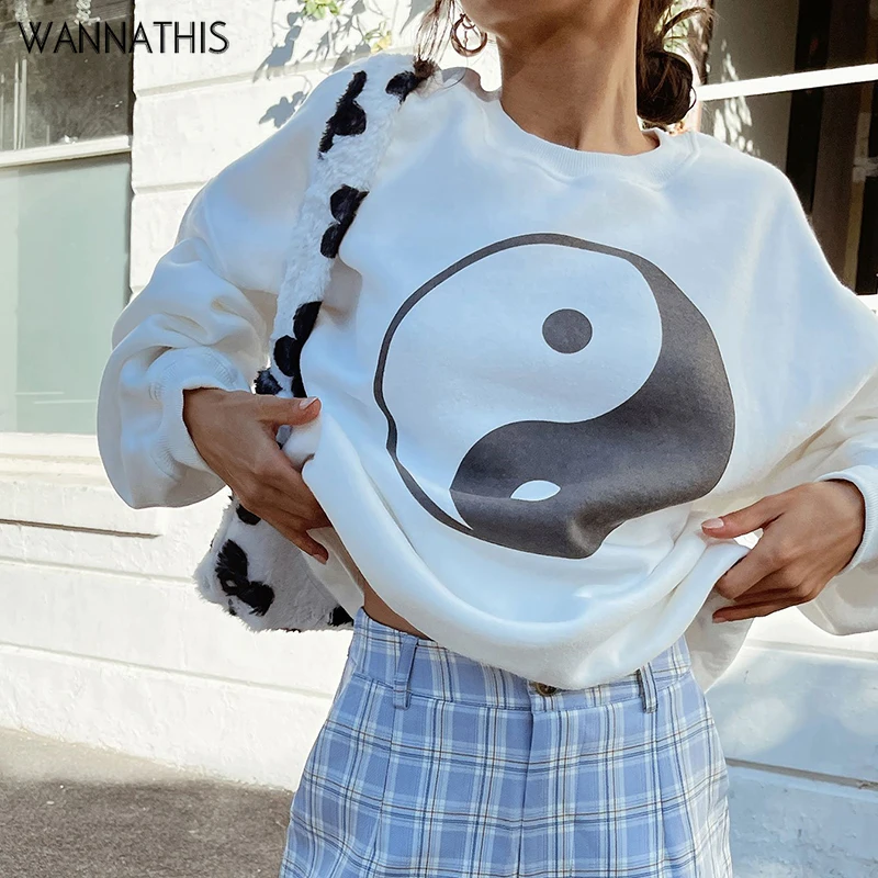 

WannaThis свитшоты с длинным рукавом хлопковые пуловеры Белые Повседневные свободные топы с принтом Осенняя Женская толстовка спортивные кост...