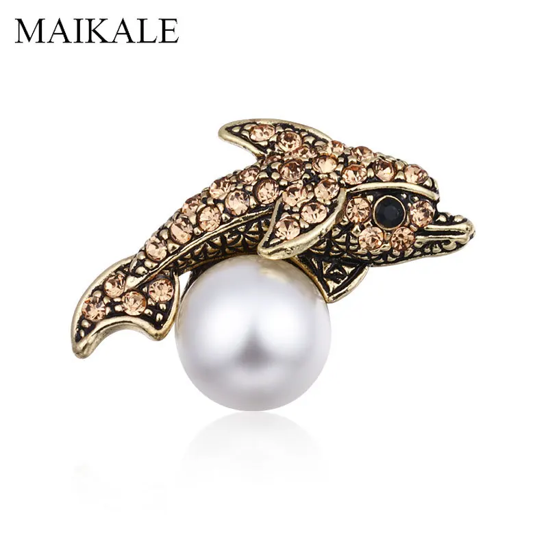 Женская Брошь в виде дельфина MAIKALE булавки с жемчугом и кристаллами броши форме