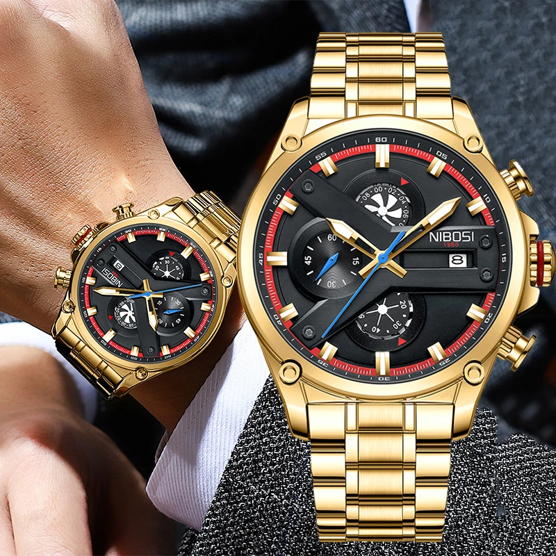 

Часы наручные NIBOSI Мужские кварцевые, модные брендовые Роскошные спортивные водонепроницаемые из нержавеющей стали с хронографом