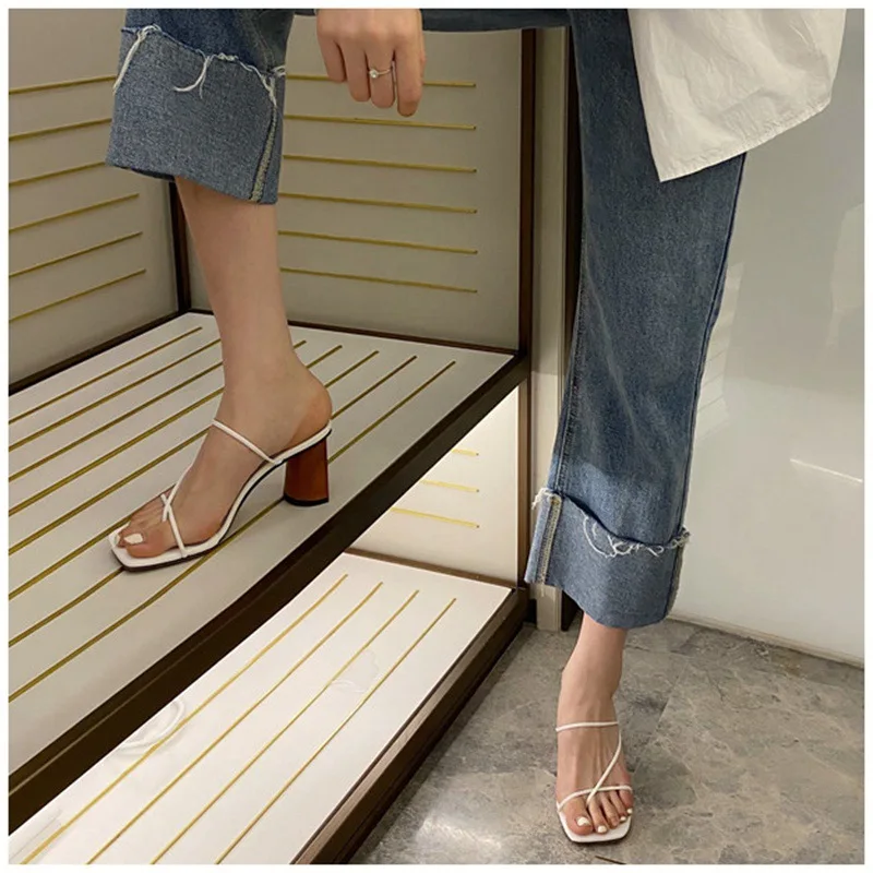 

2021 Wooden Heel Simple Sandals 5cm Square Toe Women's Fashion Shoes Chunky Heel High Heels