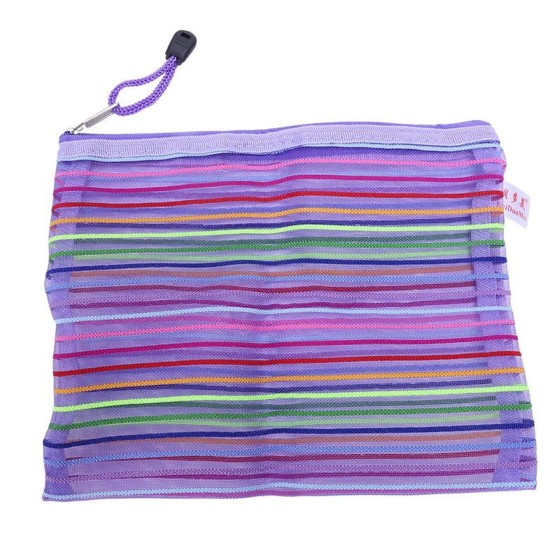 

Zipper nylon mesh purple stripe A5 documents, pen file pocket folder