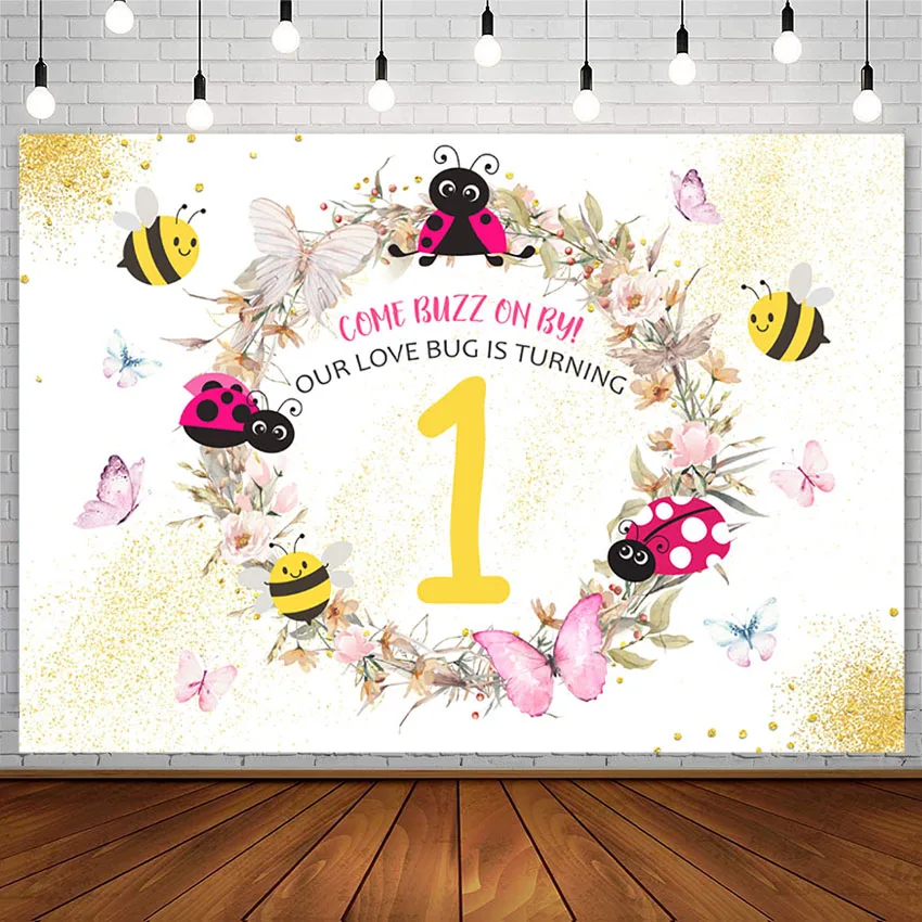 

Фон Avezano для фотосъемки новорожденных на 1-й день рождения, милая пчела, золотые цветы, венок, вечеринка в честь рождения ребенка, баннер для в...