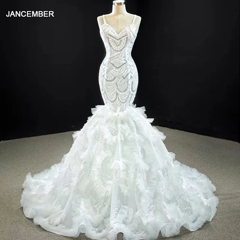 

J67123 JANCEMBER Sexy Wedding Dress 2020 Spaghetti Straps Sleeveless Sweetheart Lace Up Shining Crystal Chapel Train