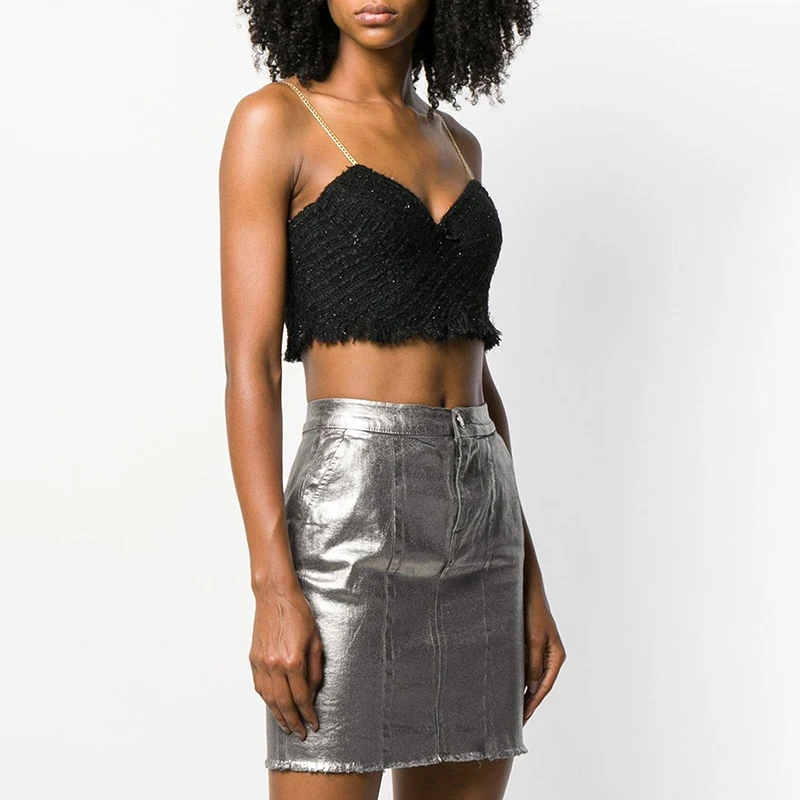 Комплект из двух предметов Для женщин твидовый комплект 2019 пикантные черные