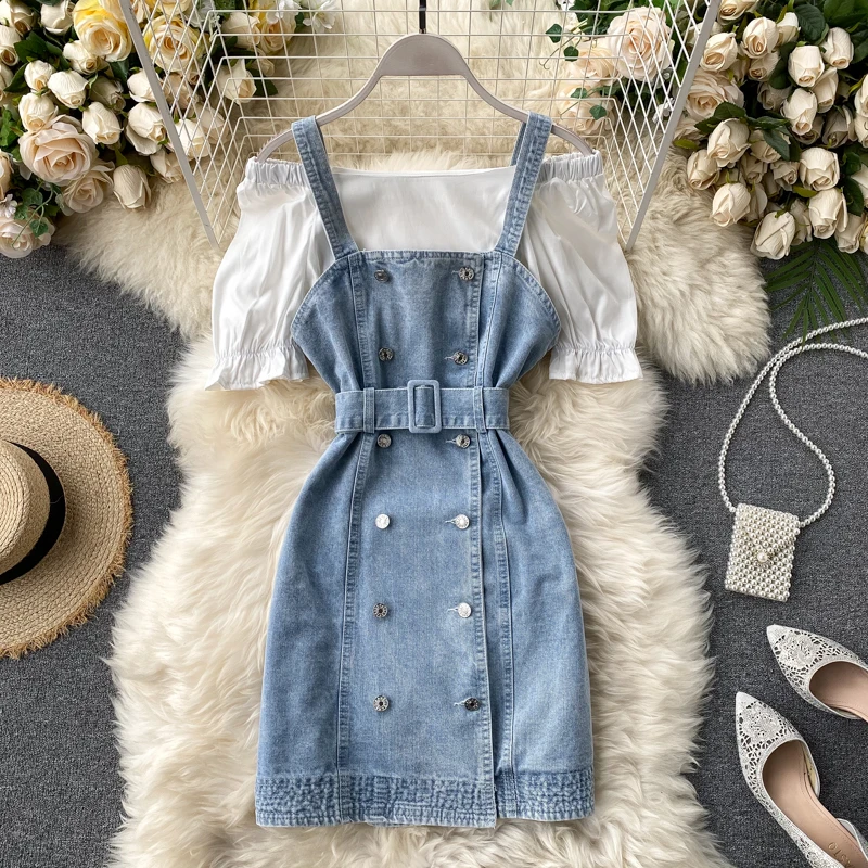 Женское джинсовое платье на бретелях FMFSSOM Однотонная рубашка с коротким рукавом