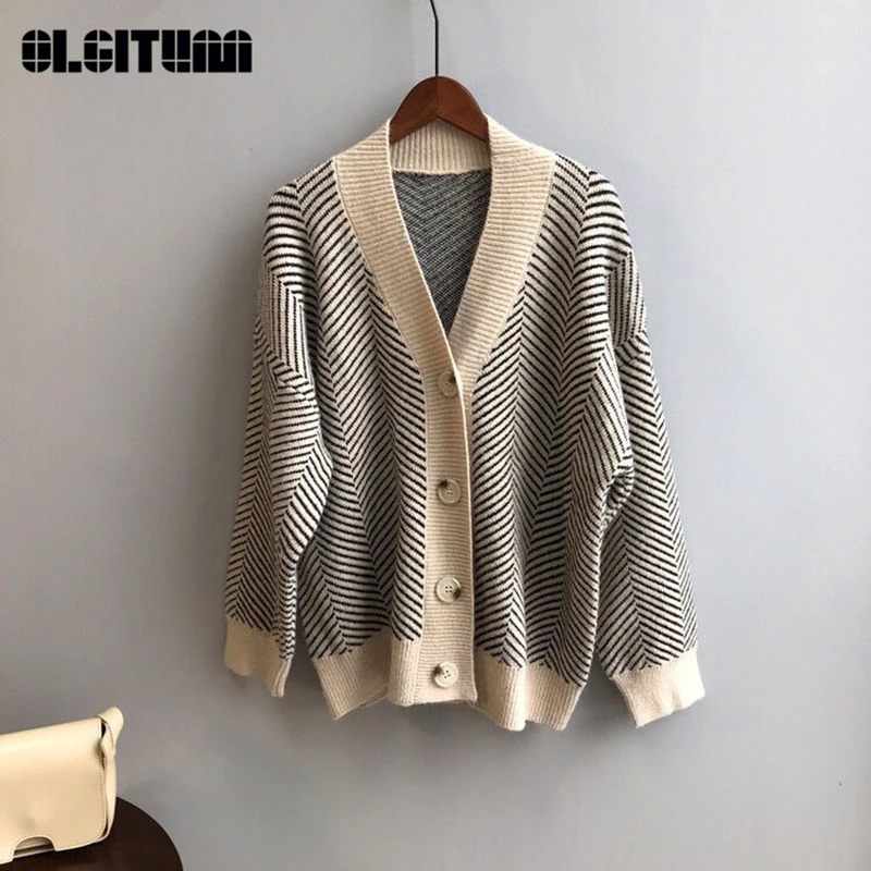 

Knitted Striped Cardigan Women Fashion 2020 Spring Casual Retro Lazy Wind V-neck Single-breasted Loose Irregular Texture Sweater