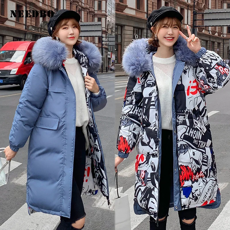 Женская зимняя куртка с меховым капюшоном длинная парка двустороннее Свободное