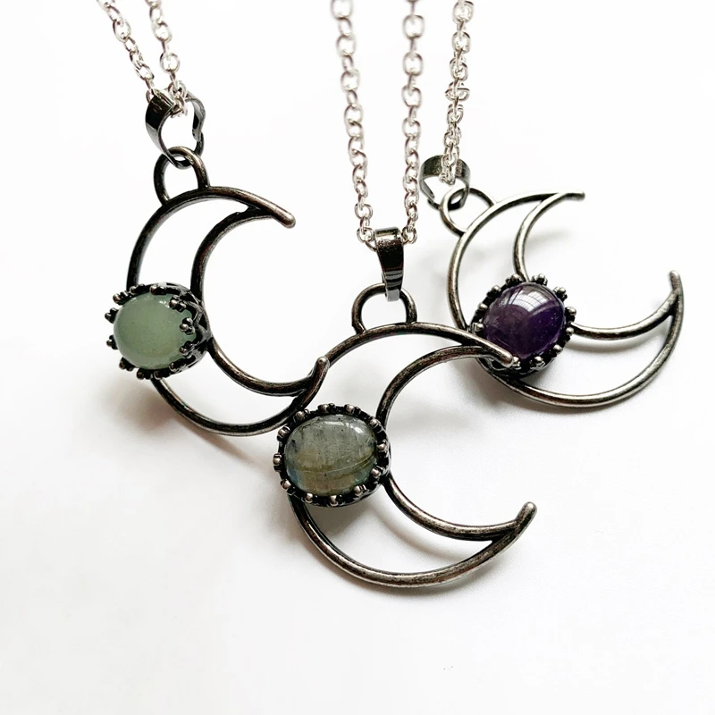 

Natural CAB Stone Pendant Alloy Crescent Moon Pendant Charms Necklace Purple Labradorite Aventurine Chain
