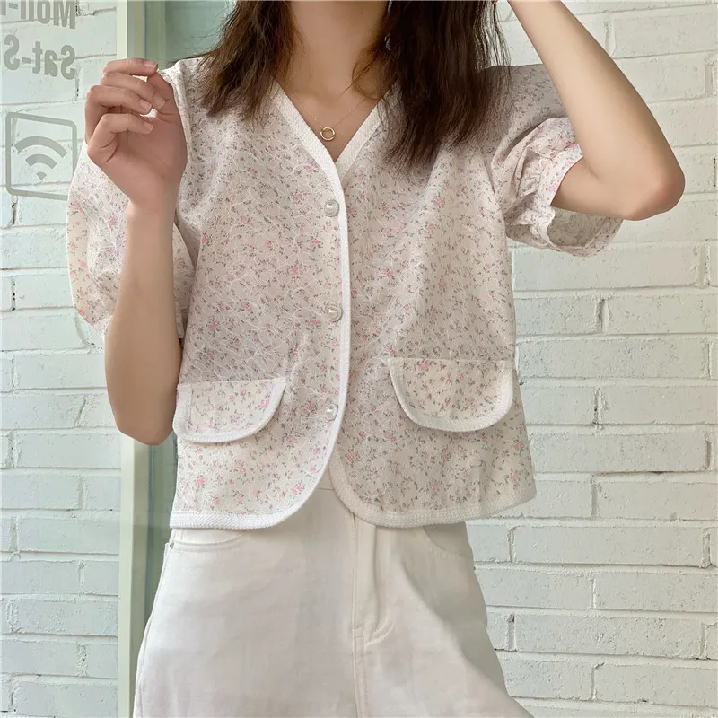 

Vintage Elegance Florals Hot All Match Slim Gentle High Quality Summer Fashion Chic Office Lady V-Neck Blouses Women Tops