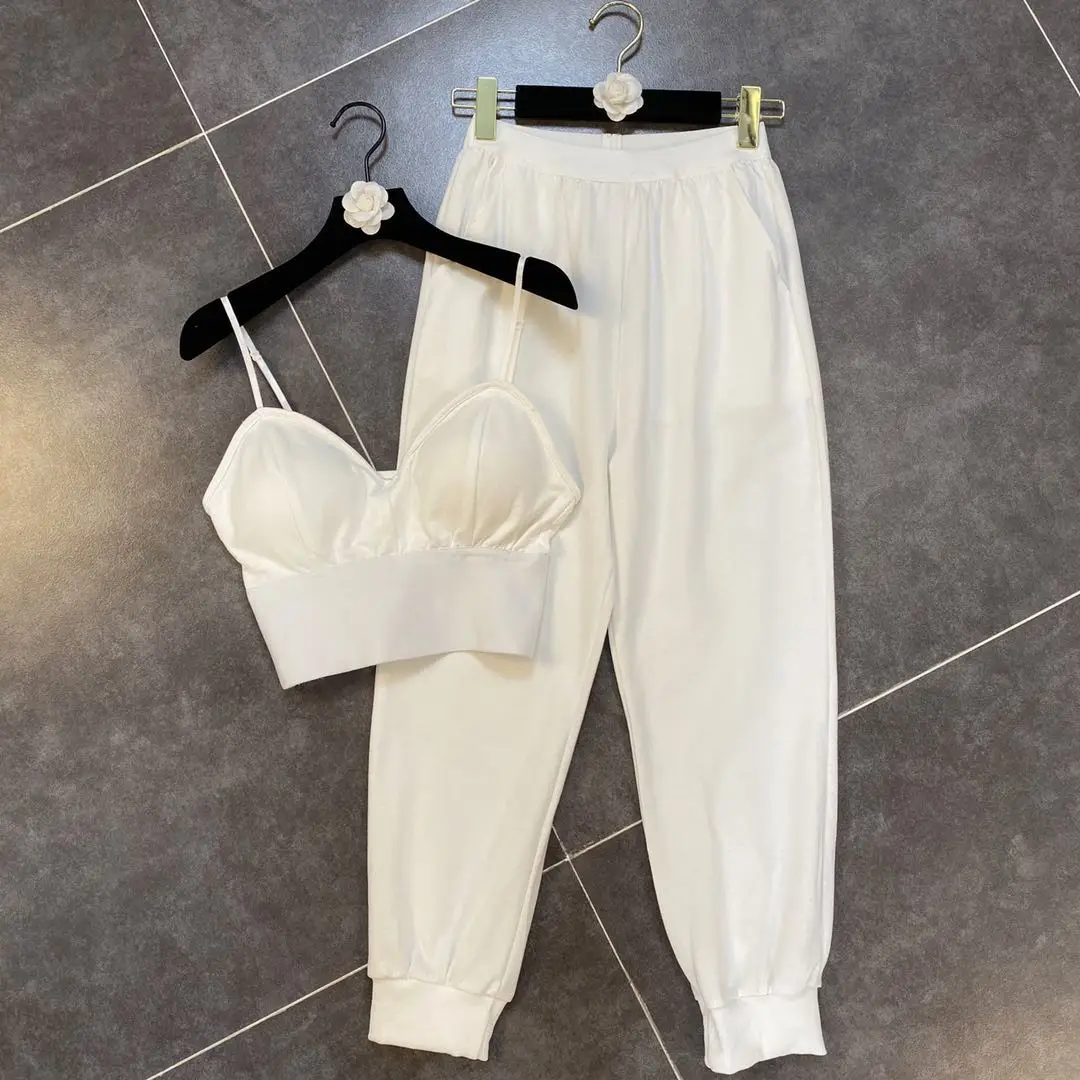 

2021 New Summer Fashion Casual Stapless Hollow Out Sexy Vest High Waist Long Pants Two Piece Set Women Outfits SD020