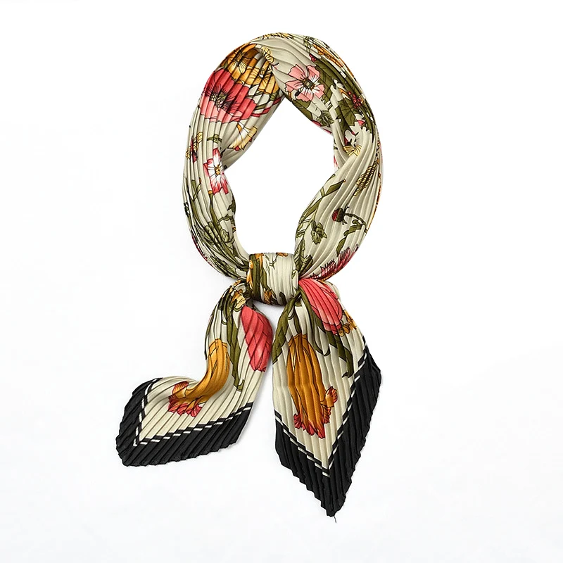 

2020 Fashion Women Silk Pleated Scarf Luxury Solid Neck Stripe Foulard Femme Crinkle Band Scarves Girl Neckerchief
