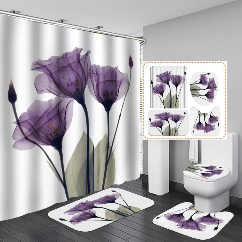 

Purple Flower Shower Curtain Elegant With Non Slip Rug Mat Bathroom Curtain Waterproof Polyester Home Decor 180x180cm Custom