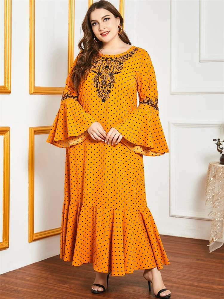 

Женское длинное платье в горошек Siskakia, оранжевое платье макси в этническом стиле с вышивкой в этническом стиле, с длинными рукавами