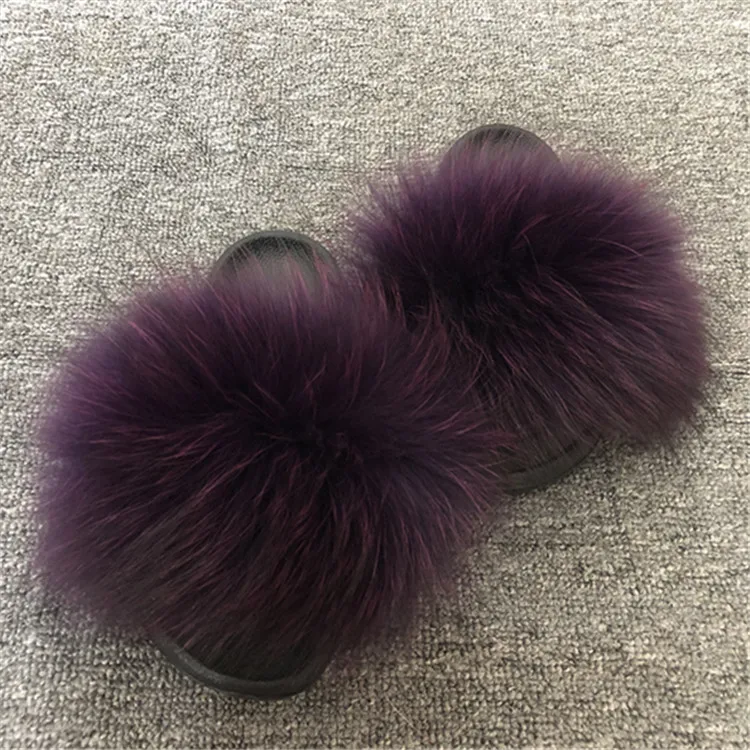 Женские тапочки с натуральным мехом енота повседневные шлепанцы лисьим на